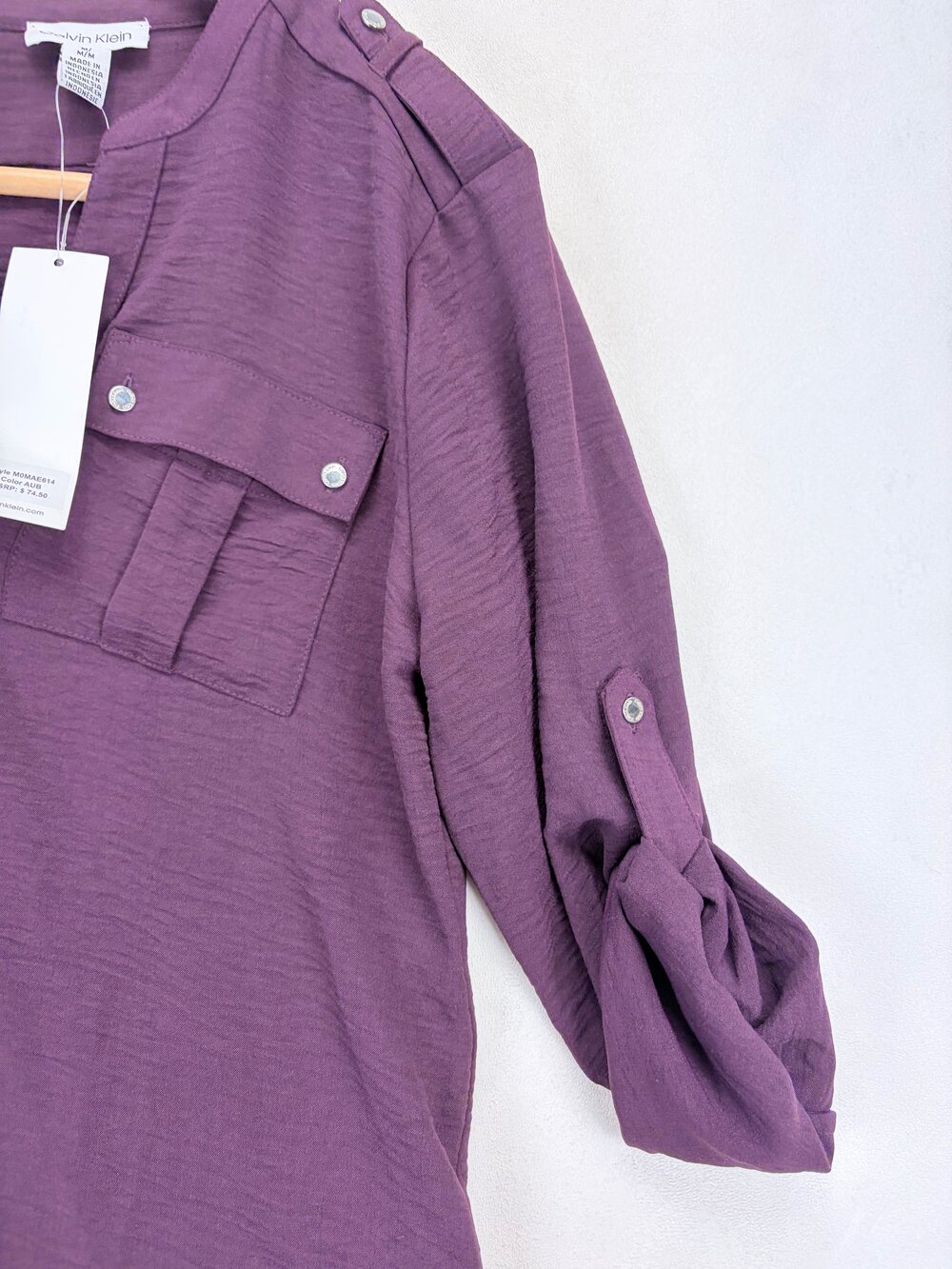Calvin Klein Plum Roll-Tab Tunic Blouse M Button-Front - Picture 10 of 13